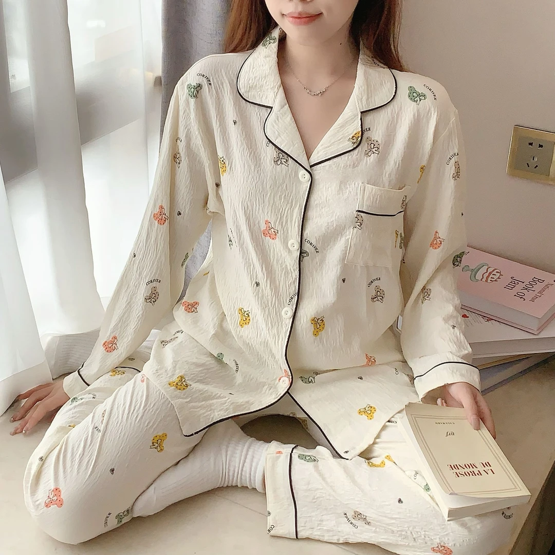 春秋夏薄款开衫长袖长裤套装甜美可爱卡通学生少女家居睡衣云朵棉