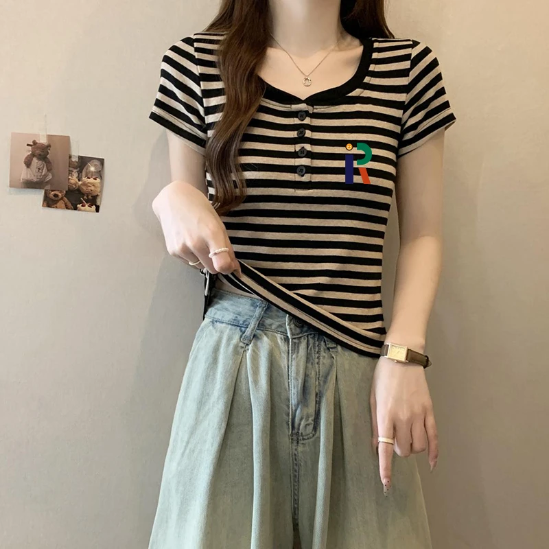 正肩条纹短袖t恤女棉质2025夏季新款半开领修身显瘦小个子短上衣