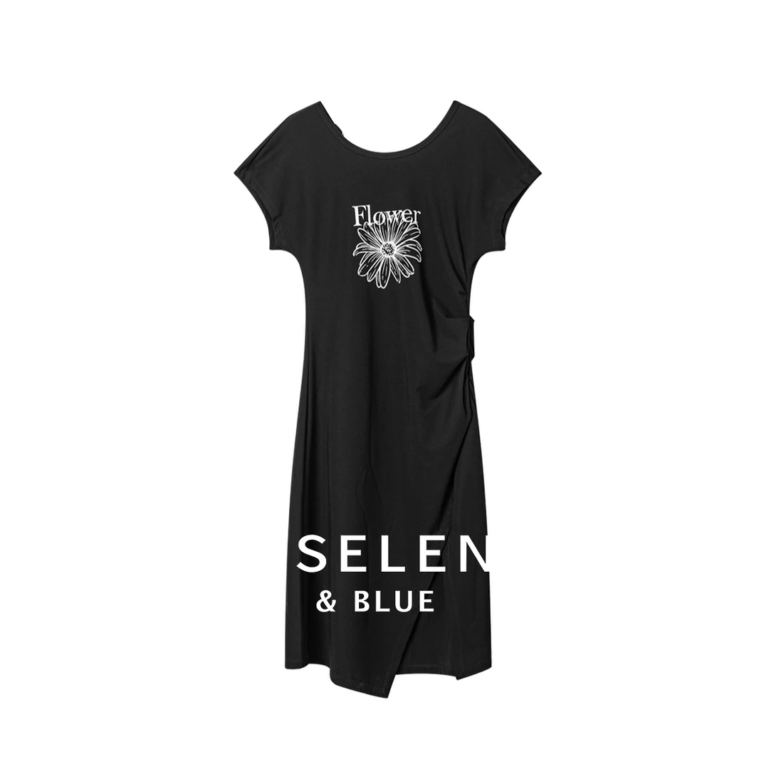 贝茜妮新款休闲捏褶花卉印花收腰T恤连衣裙