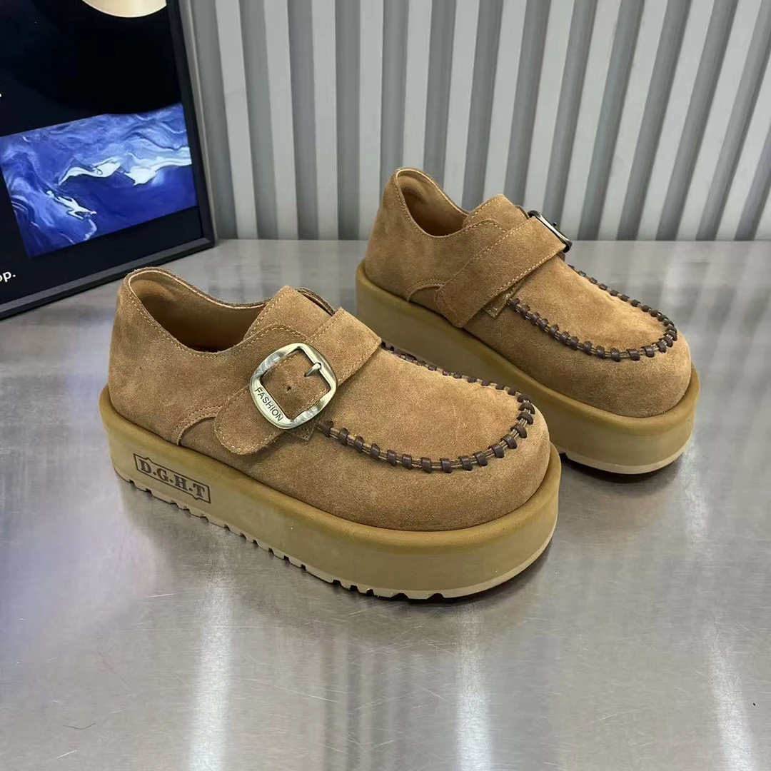 欧货2025秋新款磨砂真皮皮带扣鞋子女款松糕厚底休闲勃肯鞋女单鞋