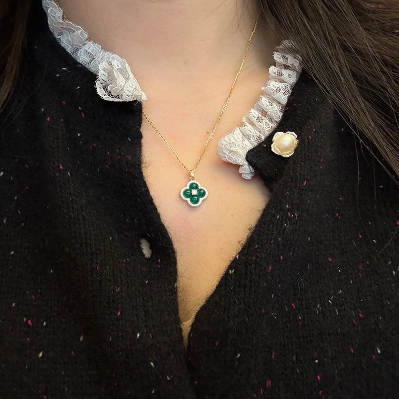 925纯银镶钻四叶草绿玛瑙项链女时尚轻奢精致气质锁骨链