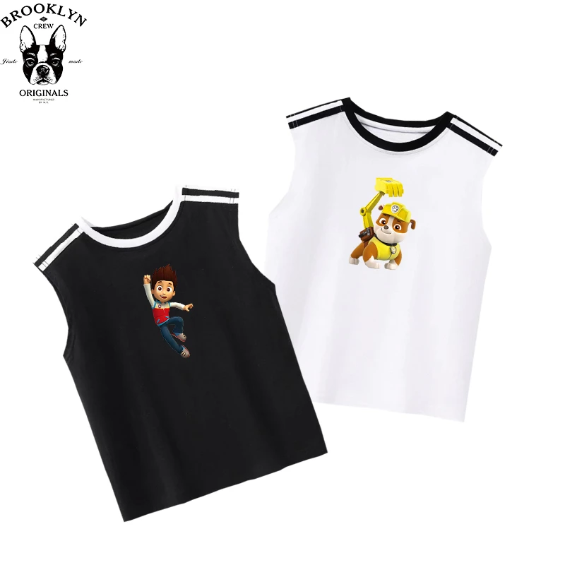 汪汪队2025年新款男童三条杠背心t恤夏装棉儿童阿奇毛毛上衣潮牌