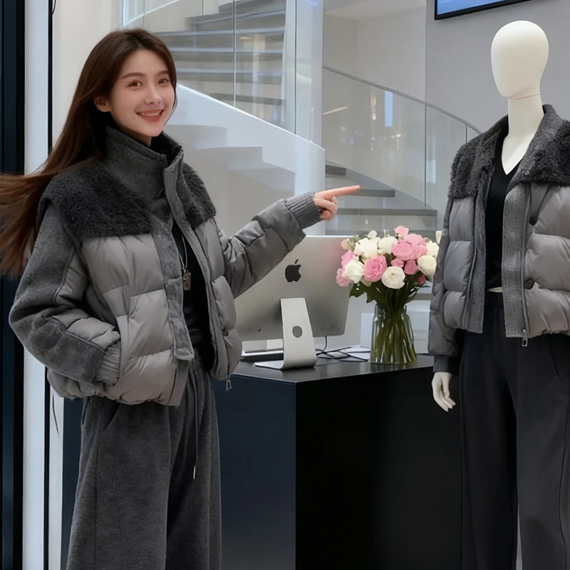卡莲格/灰色立领毛毛拼接棉服外套女冬季新款设计感时尚保暖棉衣