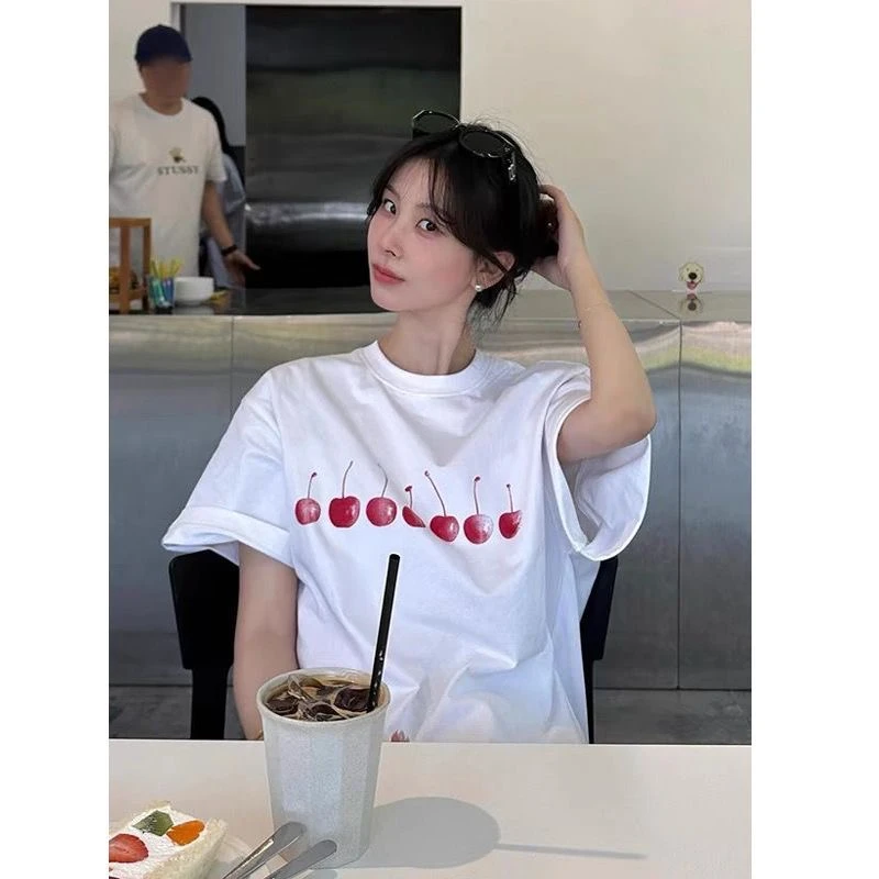 纯棉甜酷短袖体恤女可爱印花学生夏季小众宽松韩版设计感复古上衣