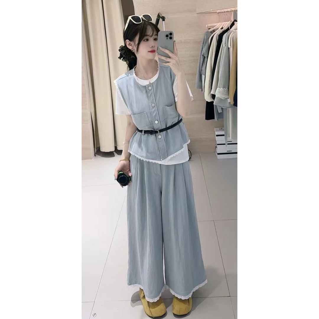 6631牛仔蕾丝边短袖三件套