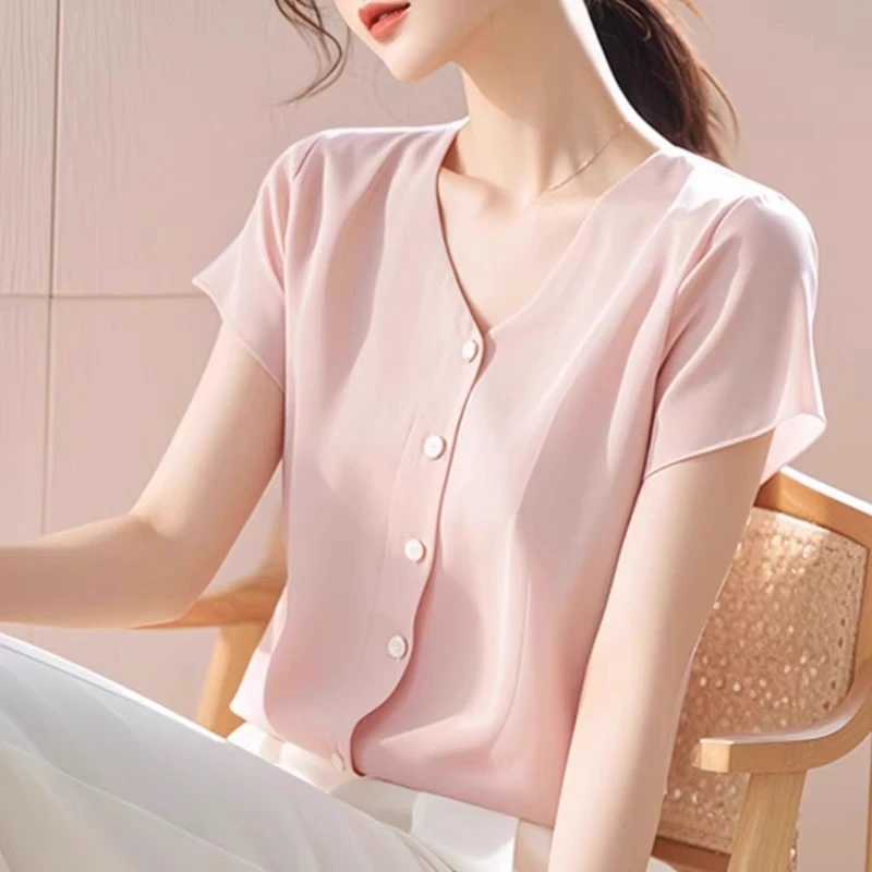 法式高级感粉色正肩V领短袖衬衫女夏季新款独特极简百搭绝美上衣