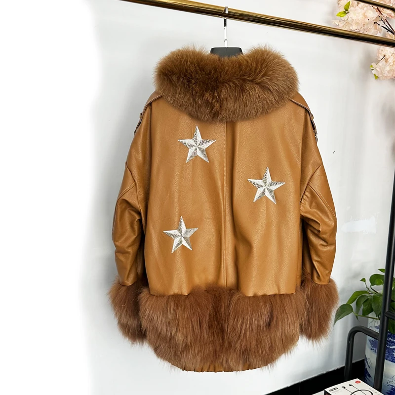 女款真皮休闲羽绒衣大毛领拼接狐狸毛宽松秋冬短款女外套皮衣冬季