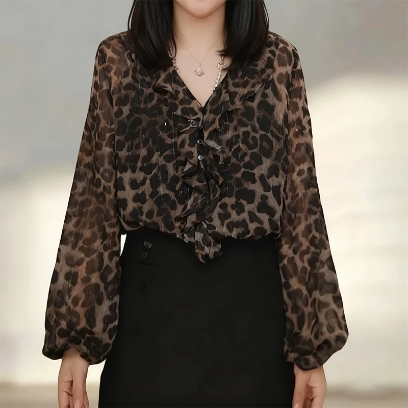 法式轻奢荷叶边豹纹印花衬衫女早秋轻薄防晒凉感慵懒显瘦V领上衣