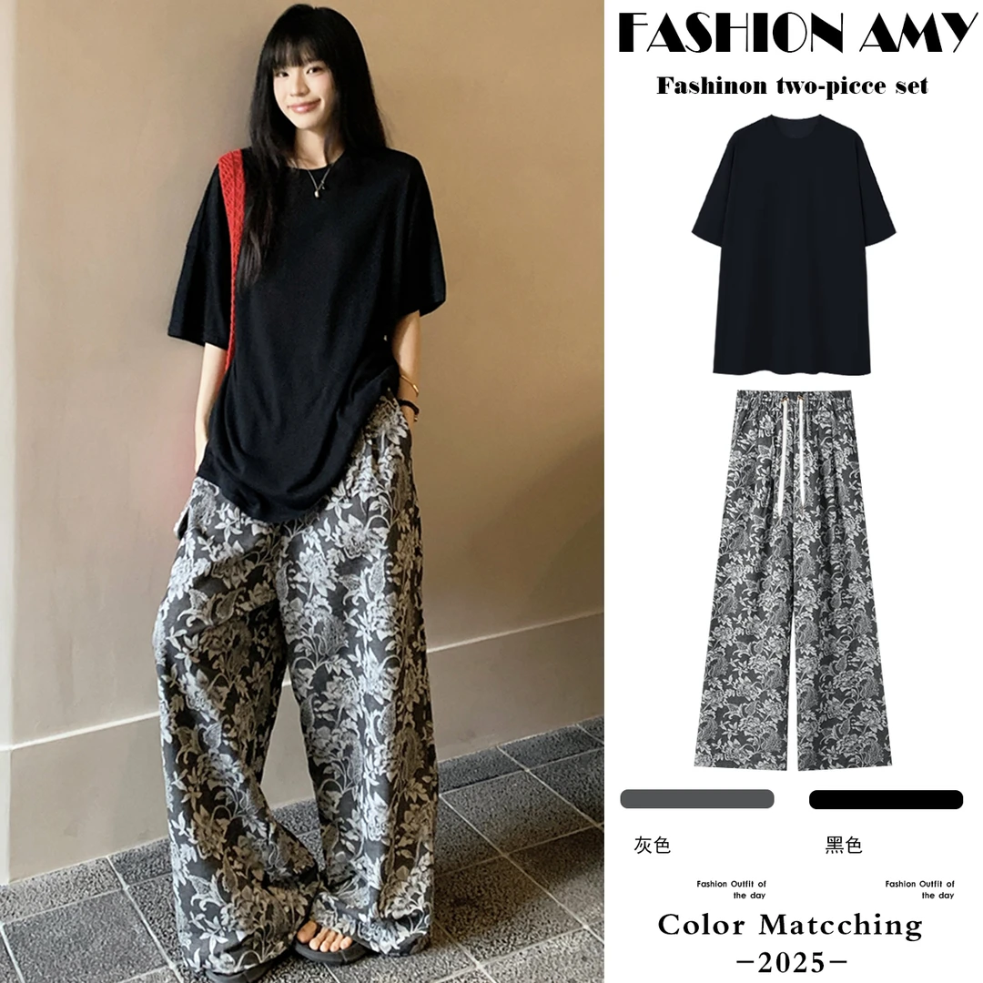 孕妇套装夏装新款时尚韩版宽松慵懒大版型短袖T恤休闲碎花阔腿裤1