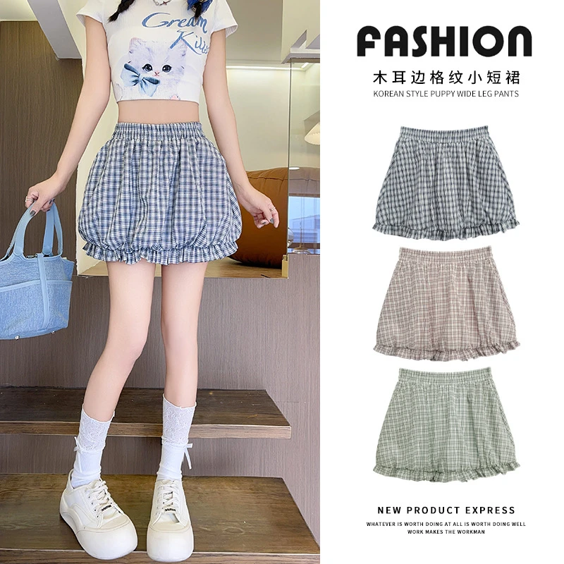韩系甜美格纹花苞裙夏季女高腰学院风a字蓬蓬裙显瘦木耳边小短裙