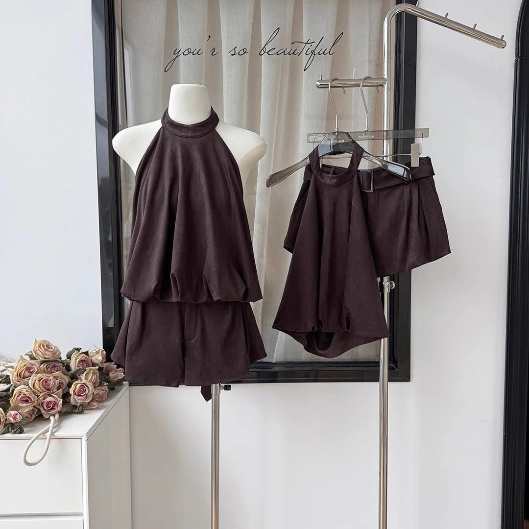 韩系甜辣小香风挂脖背心上衣女2025夏季爆款高腰打底短裤子两件套