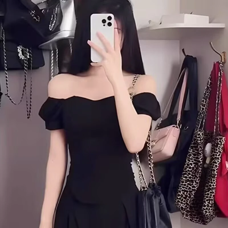 大码性感鱼骨束身抹胸t恤夏微胖辣妹别致修身显瘦一字肩短袖上衣