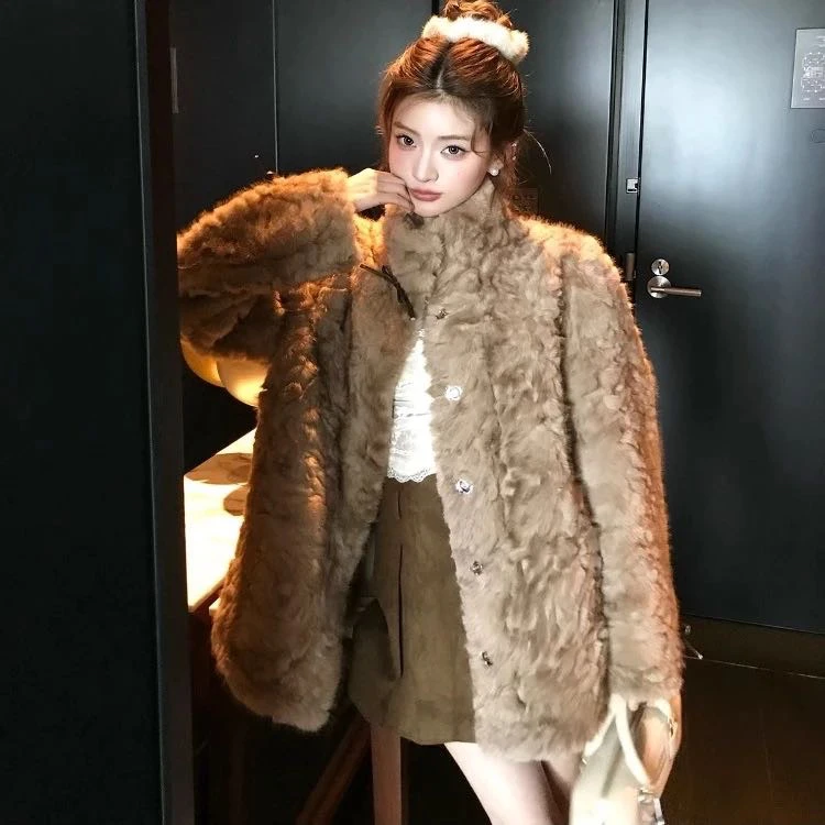 小熊心事 月影少女冬季女立领染尖加厚皮毛一体仿水貂毛毛绒外套