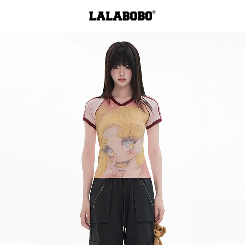 LALABOBO25年夏新款T恤女原创潮印花短袖polo领上衣LBEB-WSDT13