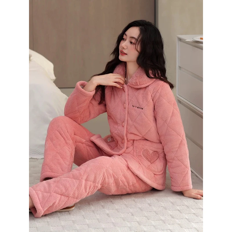 睡衣女秋冬款珊瑚绒三层夹棉袄加绒加厚加大码素净家居服冬季抗寒