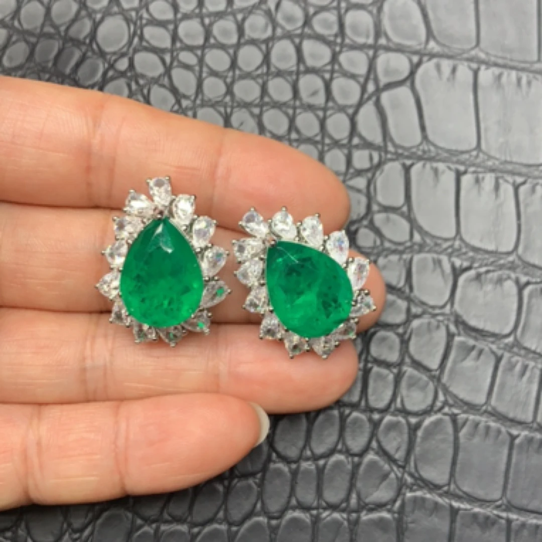铜合金合成锆石耳饰 精致祖绿色水滴耳钉百搭气质轻奢12