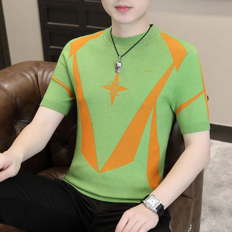高档拼色提花针织短袖毛衣男春季时尚休闲打底半袖体恤品质男装