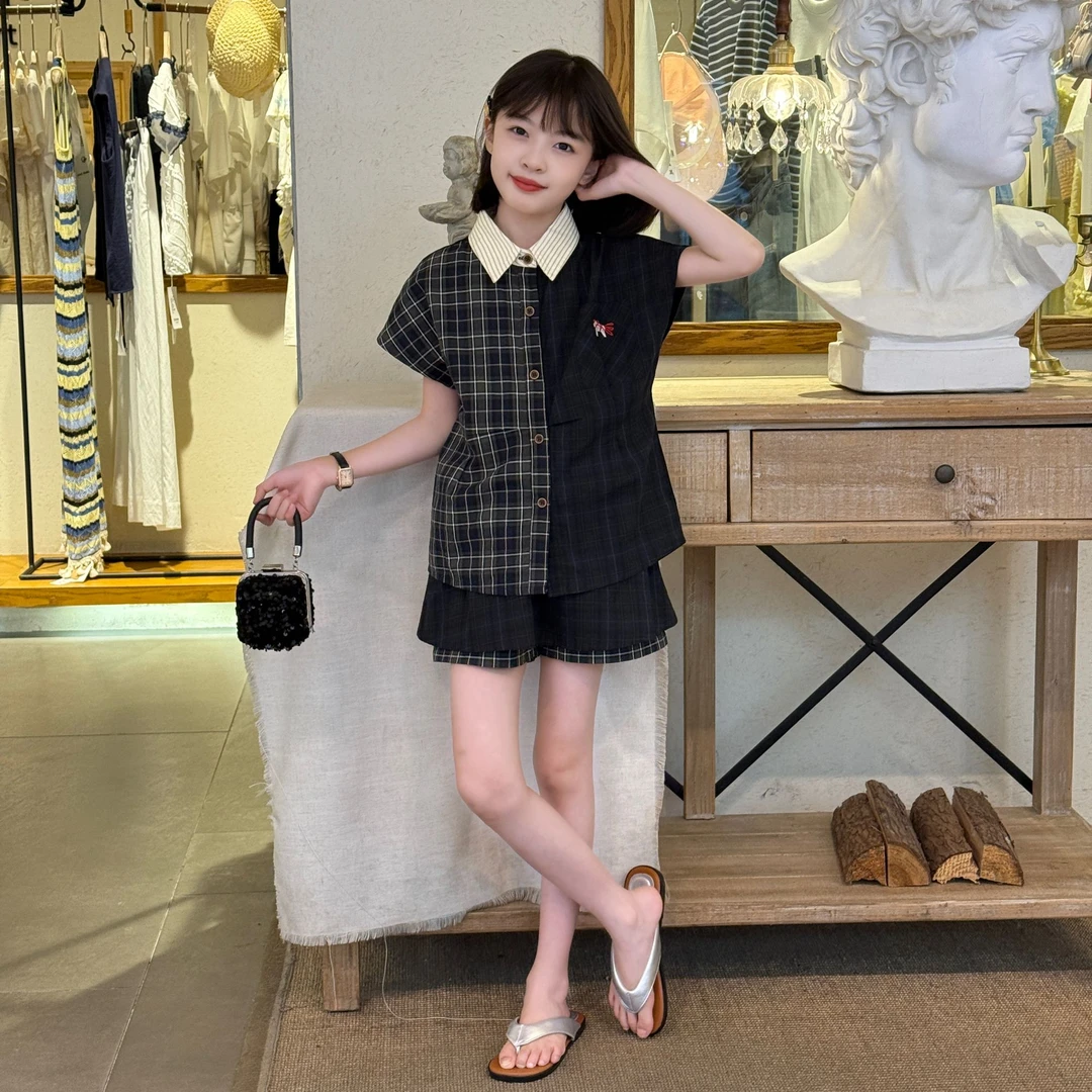 小众不撞款女童夏季2025新款气质韩风格纹撞色拼接衬衫裙裤两件套
