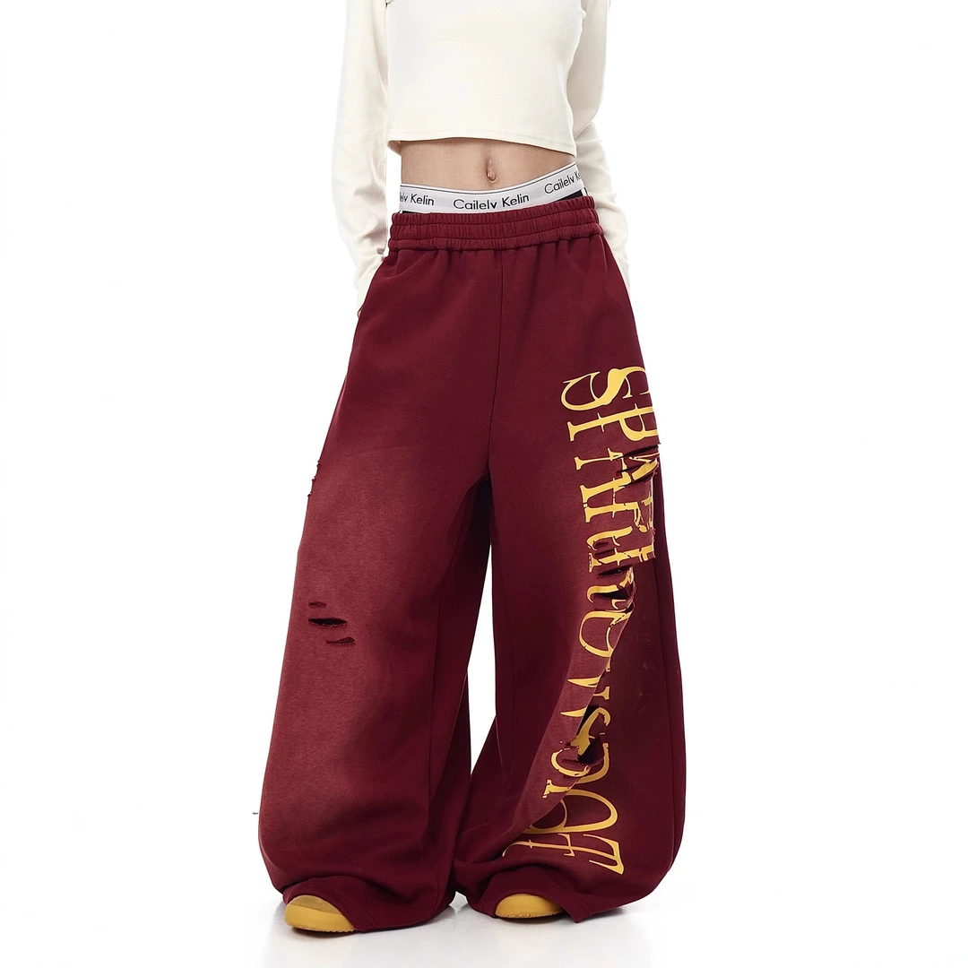 辣到中暑复古水洗美式嘻哈字母破洞阔腿休闲卫裤女秋季爵士弯刀裤