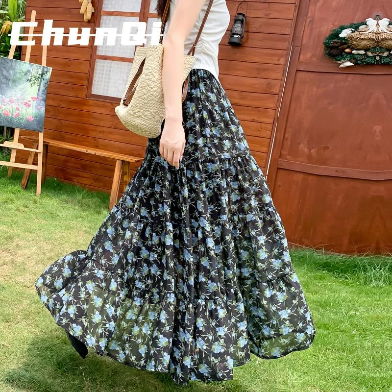 淳启飘逸雪纺半身裙女夏季新款宽松大摆蛋糕a字长裙高腰碎花裙子
