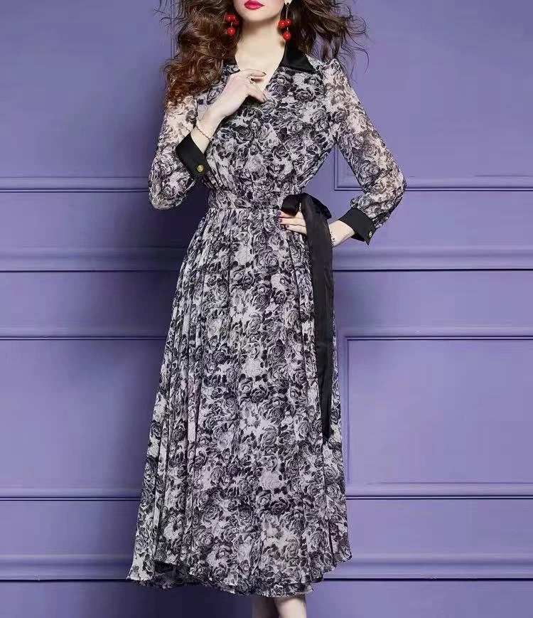 【高奢•墨雪】NN1403-时尚女装连衣裙碎花显瘦法式收腰中长款