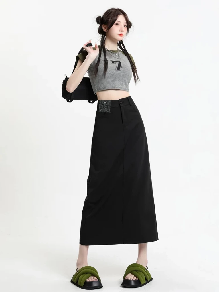 黑色牛仔半身裙女春夏季2025新款显瘦显高开叉a字中长款裙子