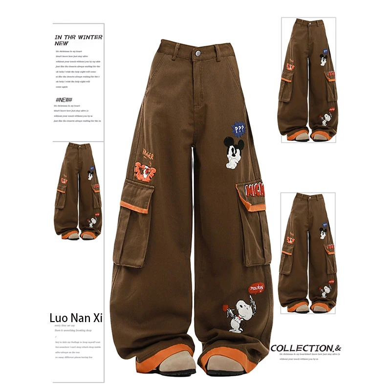 特大码卡通刺绣阔腿牛仔裤女秋季新款胖mm宽松显瘦梨型身材工装裤