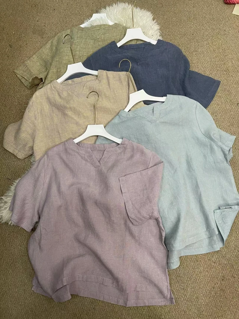 yg203 色织汉麻V领气质显瘦夏季透气净版上衣