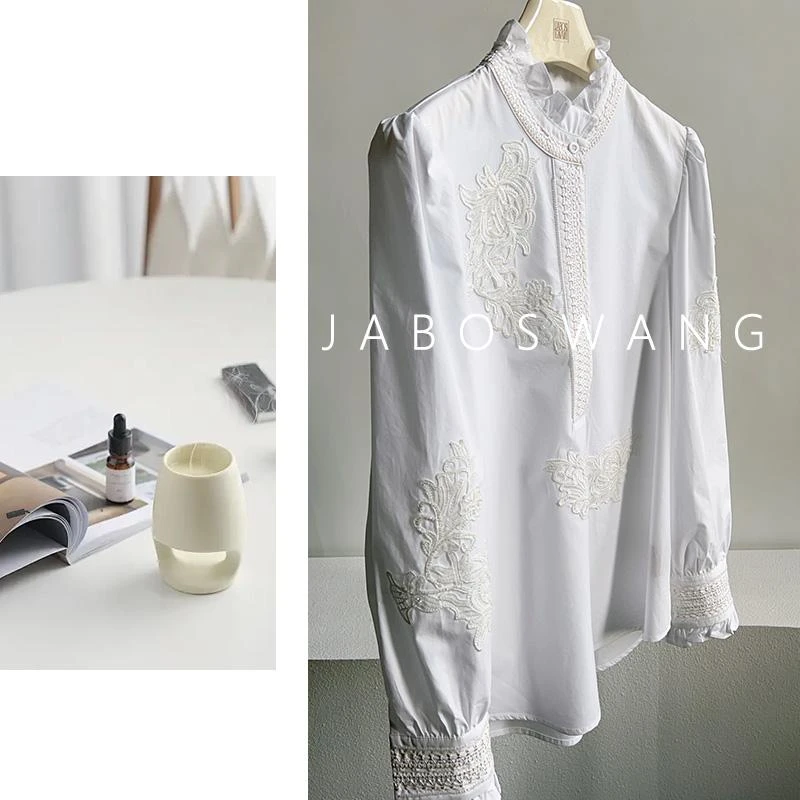 s836雪花纷飞白衬衫女2025春季新款立领长袖上衣宽松正肩衬衫