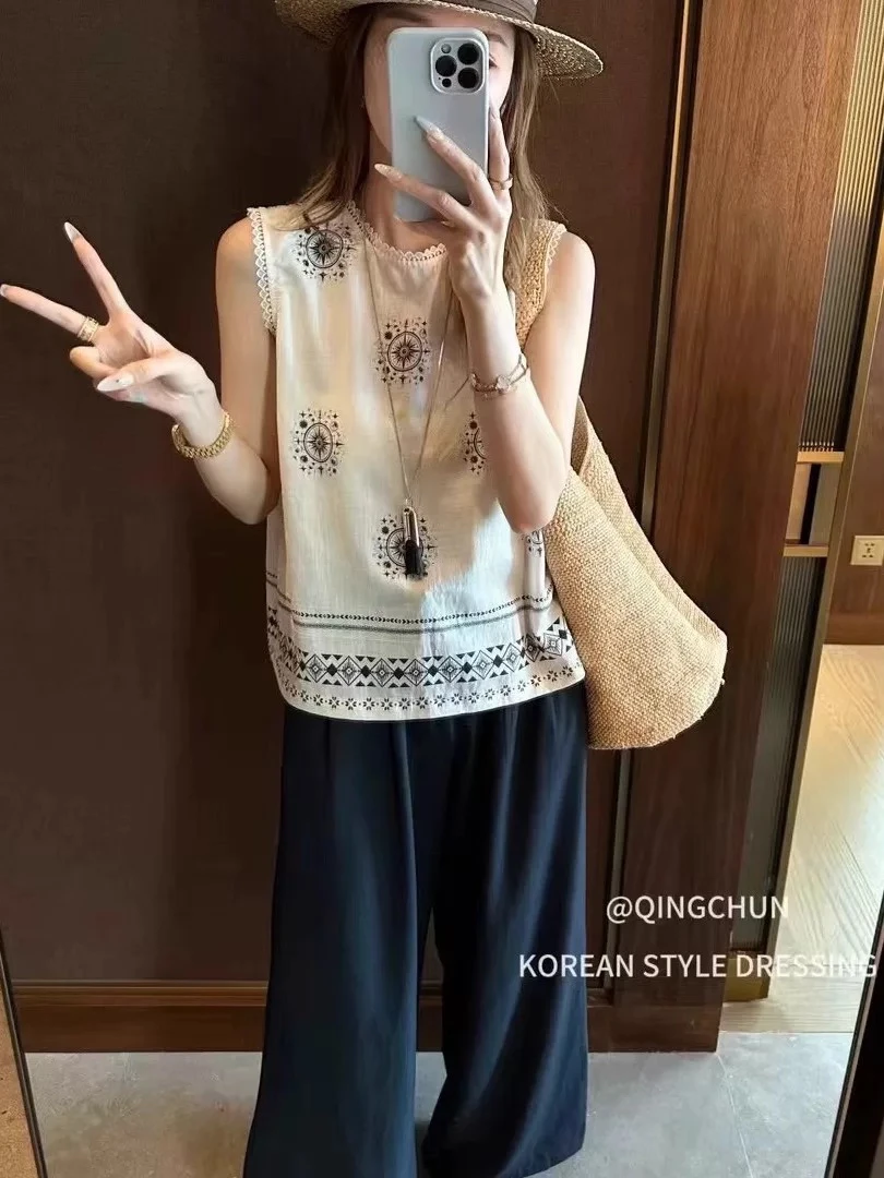 欧版宽松显瘦无袖薄款雪纺背心女夏季款高级感重工印花蕾丝边小衫