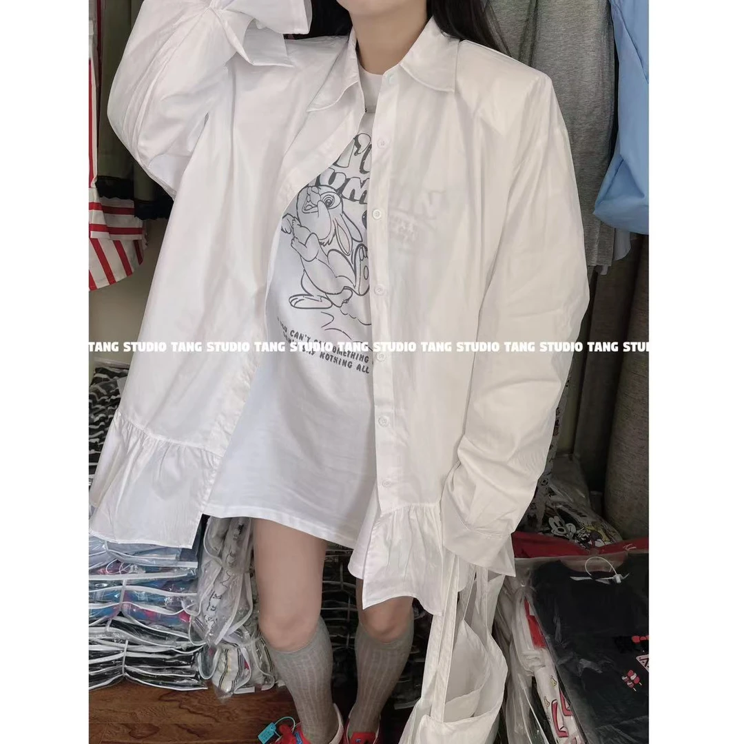 【现货-纯色荷叶边衬衣】2025東room春款百搭纯色荷叶边垫肩衬衣