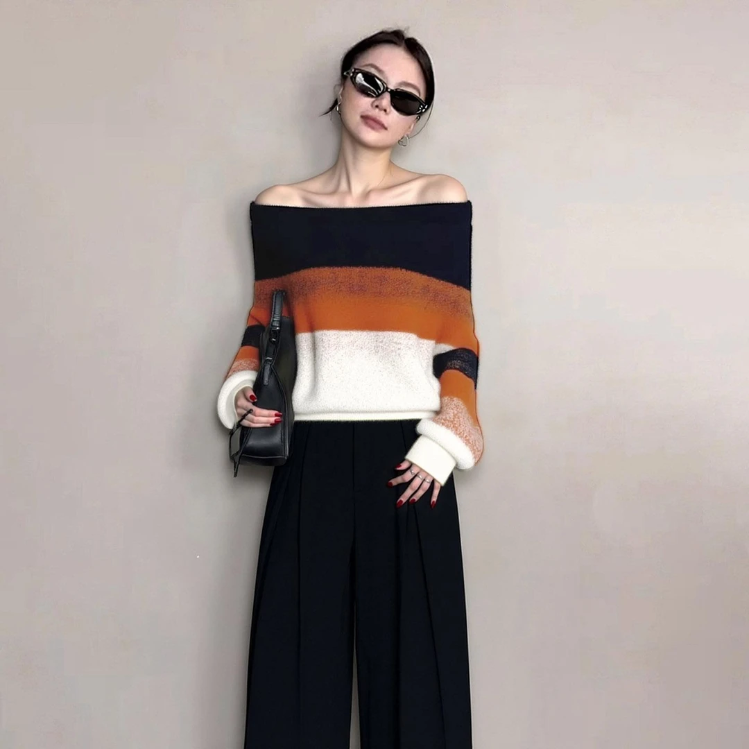 温柔慵懒风一字肩撞色条纹针织衫女秋冬季氛围感韩版气质宽松毛衣