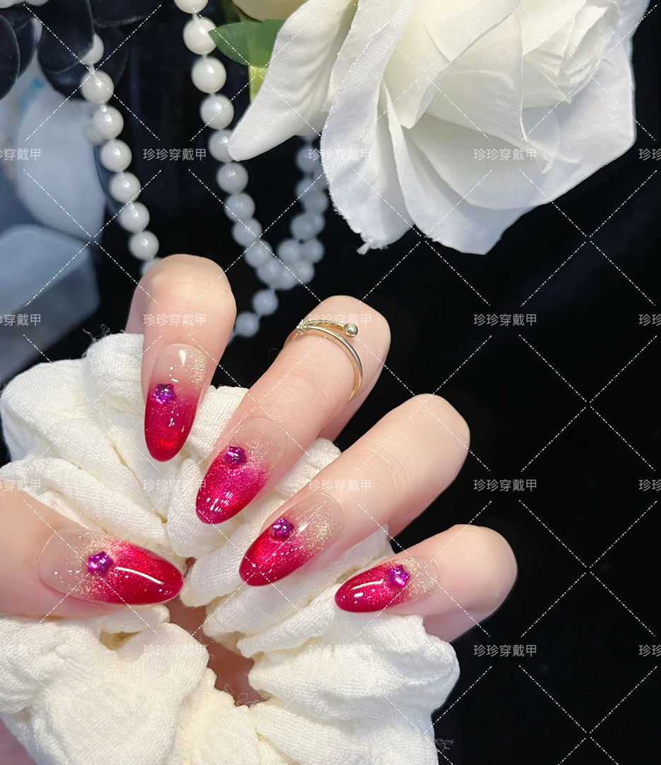 【明媚】珍珍手工穿戴甲气质显白火龙果色渐变猫眼可拆卸美甲贴片