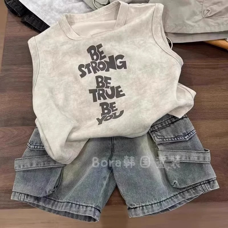 男童潮酷无袖T恤2025夏季新款儿童白色扎染背心宝宝时尚洋气上衣