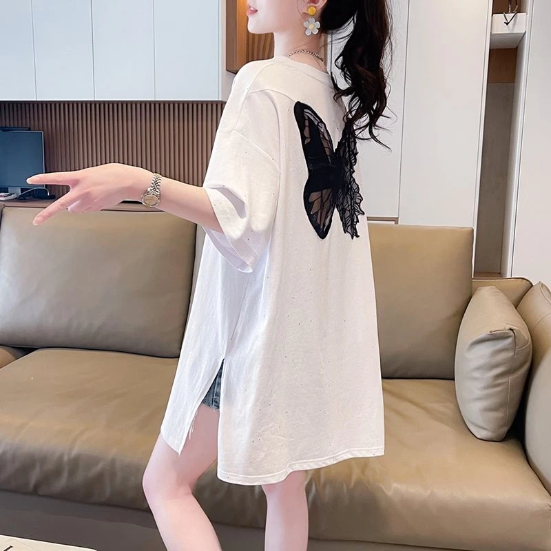 遮屁股纯棉短袖t恤女后背镂空蝴蝶结设计感小众时髦半袖体恤上衣