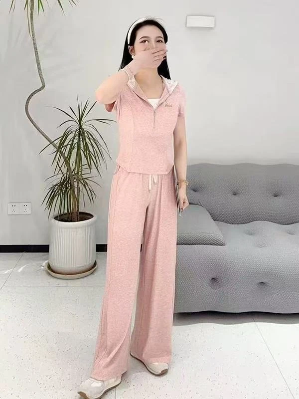 6950#夏季新款时尚细闪蕾丝连帽上衣阔腿裤两件套【A6-2】