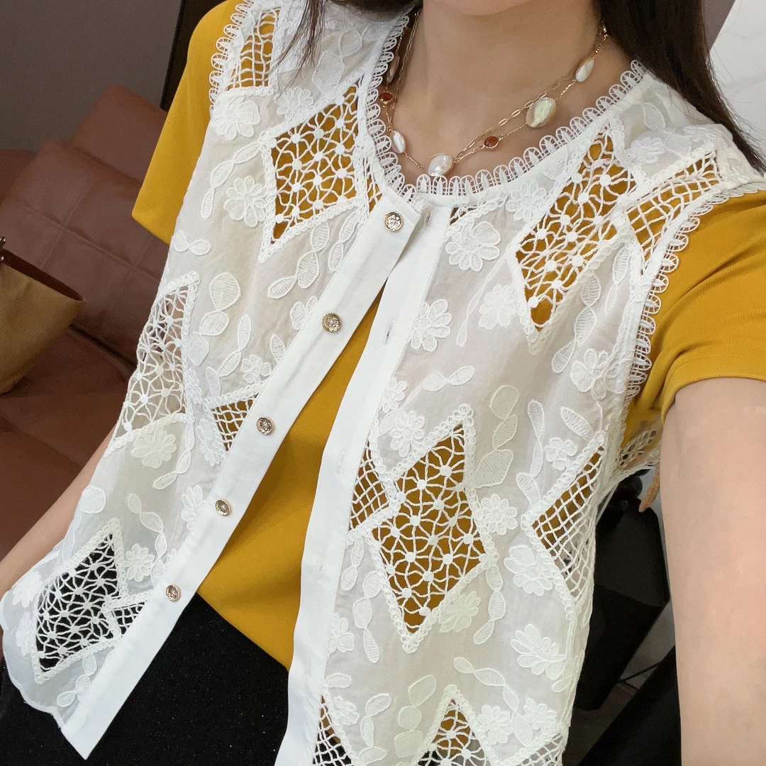 DHR COLLECTTIONS豆豆100棉 夏季时尚百搭蕾丝镂空马甲女-DX1139