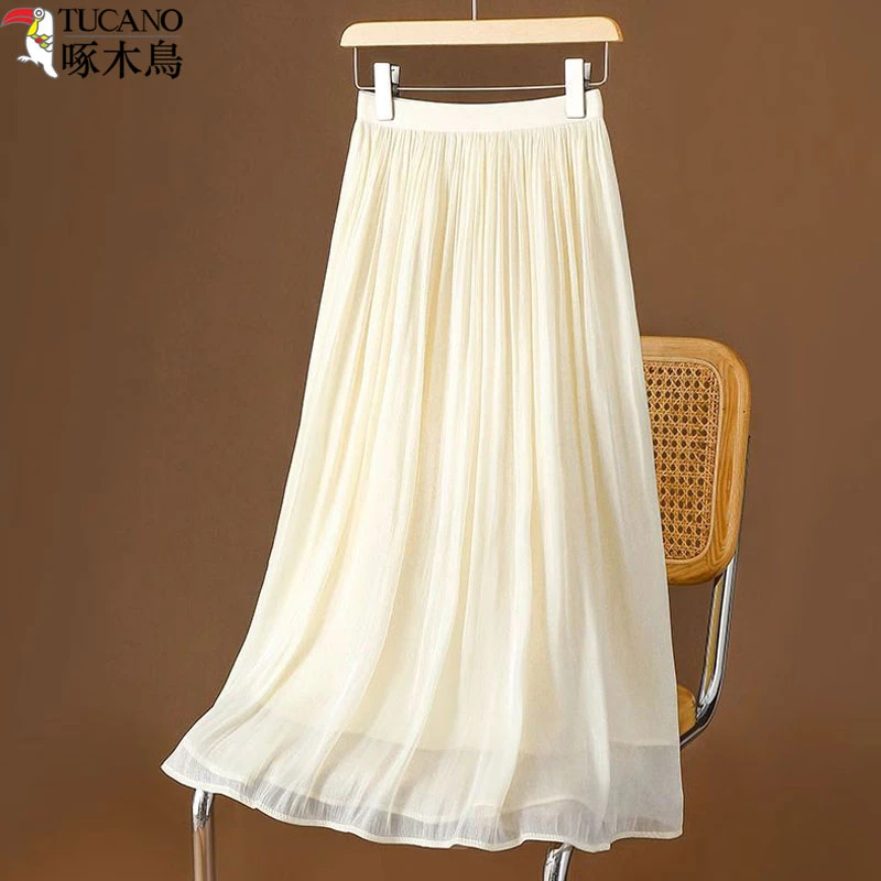 TUCANO/啄木鳥气质高腰中长裙夏季流光纱高级感A字薄款显瘦半身裙
