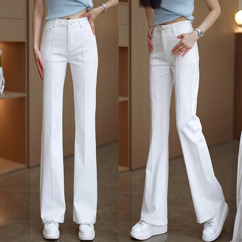 莱赛尔天丝微喇牛仔裤女夏季薄款小个子高腰不贴腿直筒白色喇叭裤