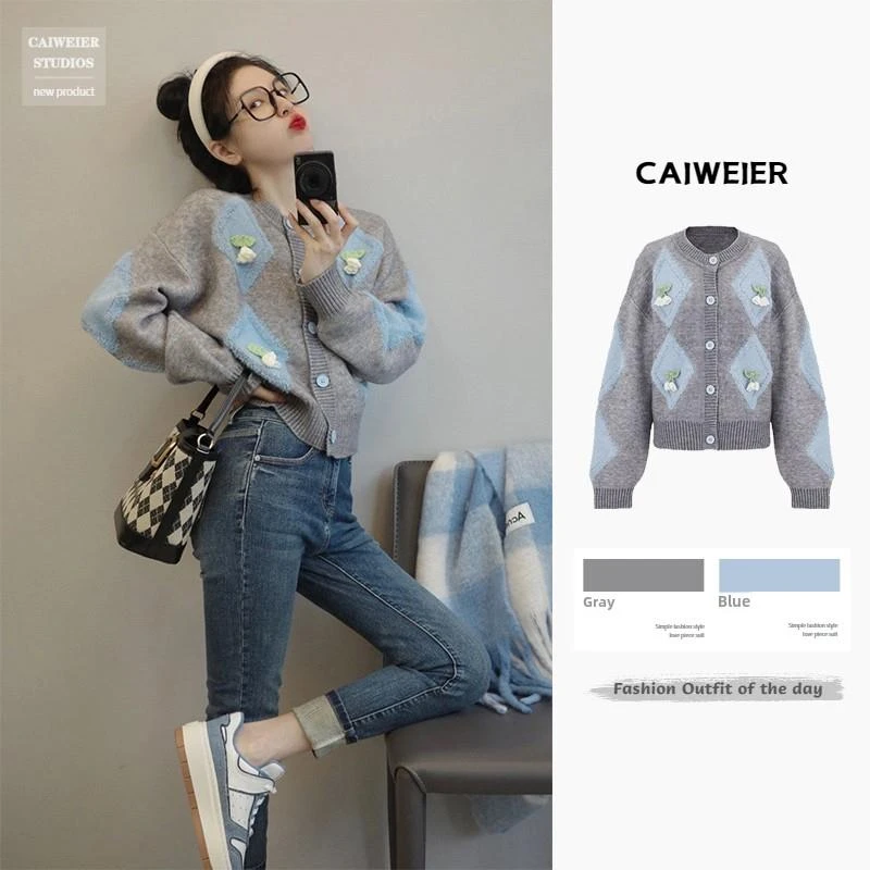 VOCKOO官方韩国早秋女毛衣，高端，小，别致，微胖，右肩，柔软，