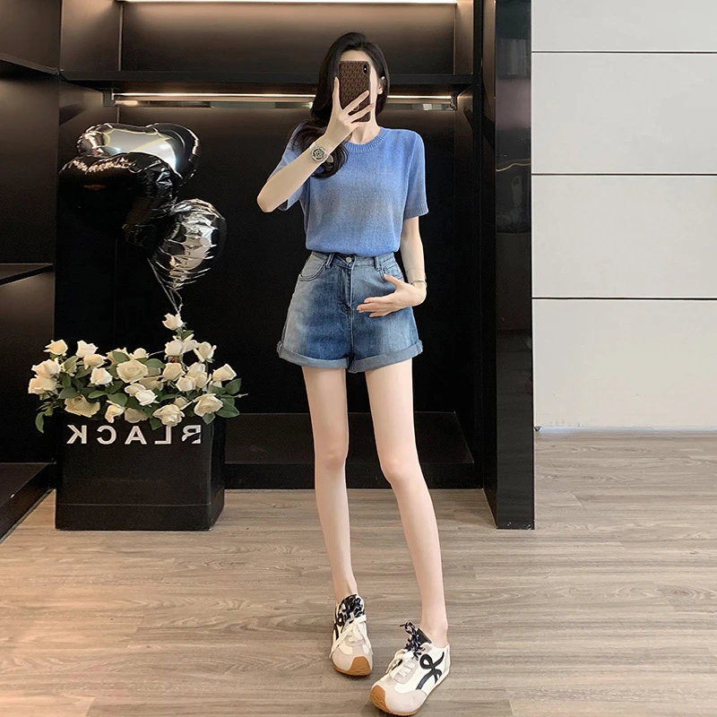 超火多巴胺少女休闲运动套装女夏季时尚小个子短袖牛仔短裤两件套