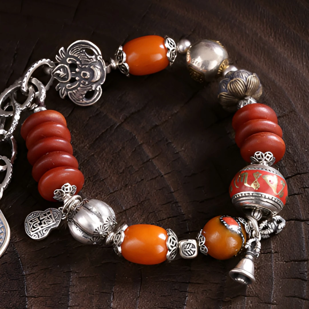 S10385<非晚>s925银蜜蜡朱砂六字真言莲花杵杵铃铛编织叶子手链