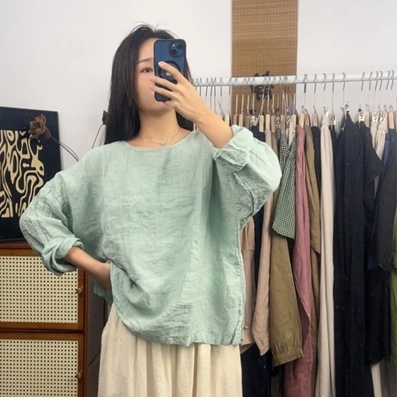 2025年新款纯色纯麻宽松大版套头小衫春秋款时尚短款长袖透气上衣