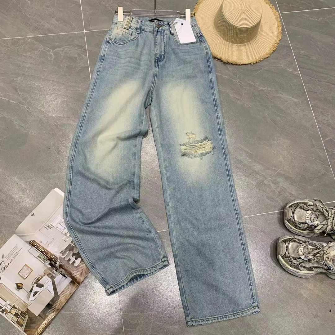Z.X 美式复古破洞牛仔直筒裤 8013
