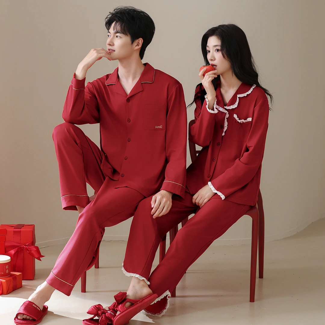 情侣睡衣结婚新婚套装春秋款长袖纯棉酒红色婚庆本命年喜庆家居服