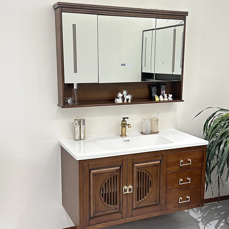 新中式浴室柜一体陶瓷岩板无缝盆实木卫生间洗漱台盆洗手盆柜组合