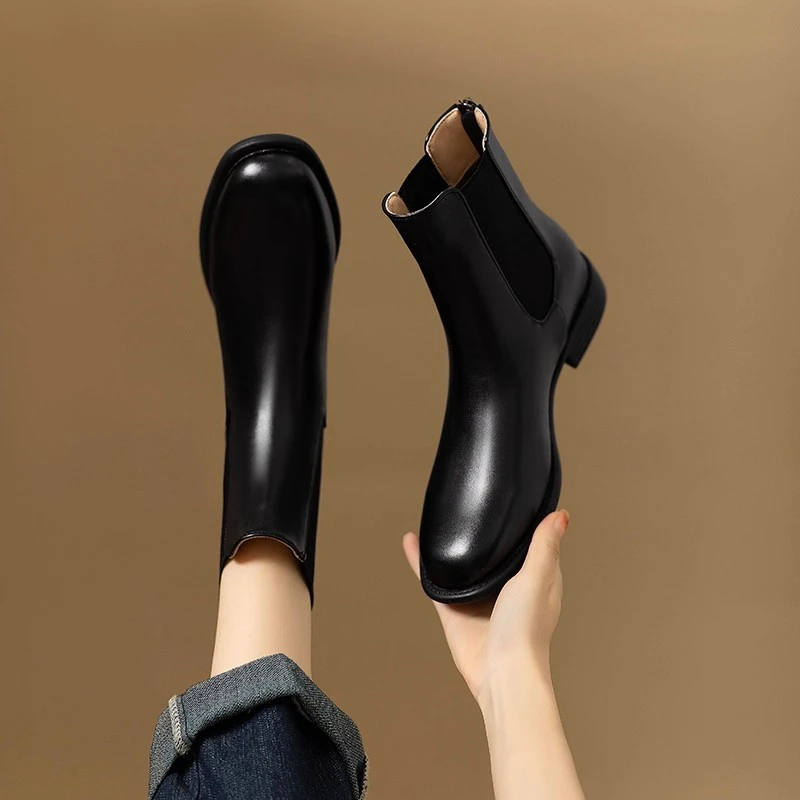 全牛皮粗跟切尔西靴女2025秋冬方头单靴加绒棉冬季加绒加厚皮靴