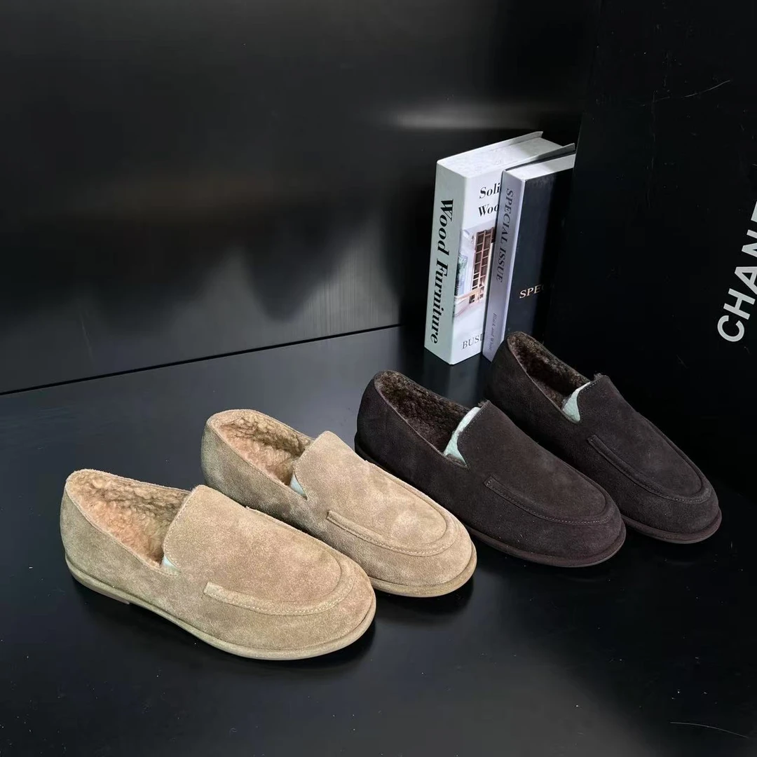 【老钱中古】加绒磨砂皮复古保暖乐福鞋女2025冬一脚蹬棉鞋72-783