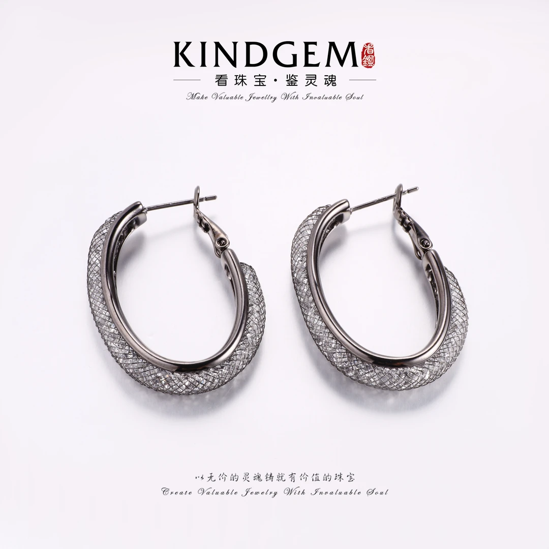 铜合金锆石耳饰 KindGem黑色大圈圈时尚高级感百搭耳钉 C-33576
