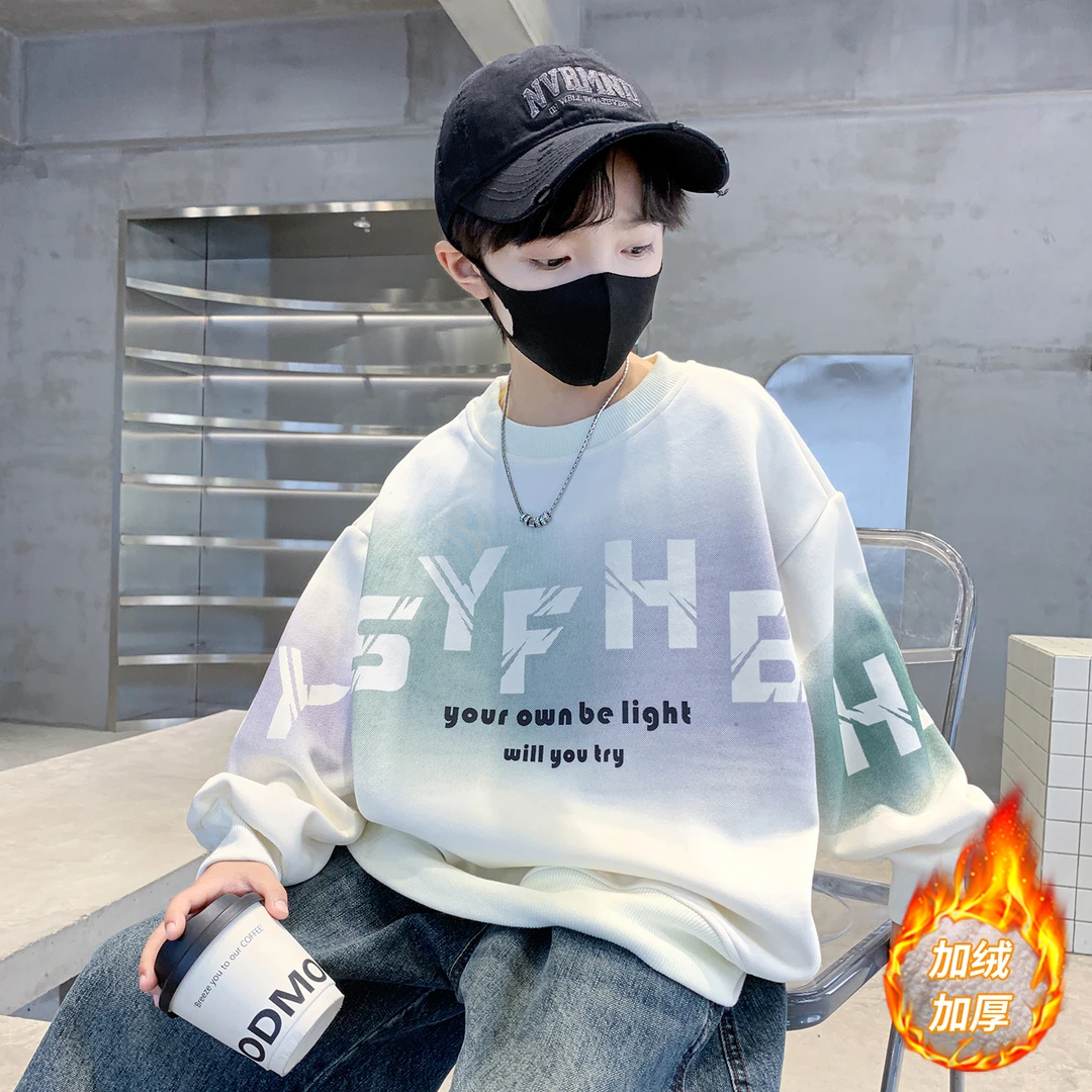 男童白色喷染字母加绒一体绒卫衣秋冬儿童休闲加厚保暖上衣中大童